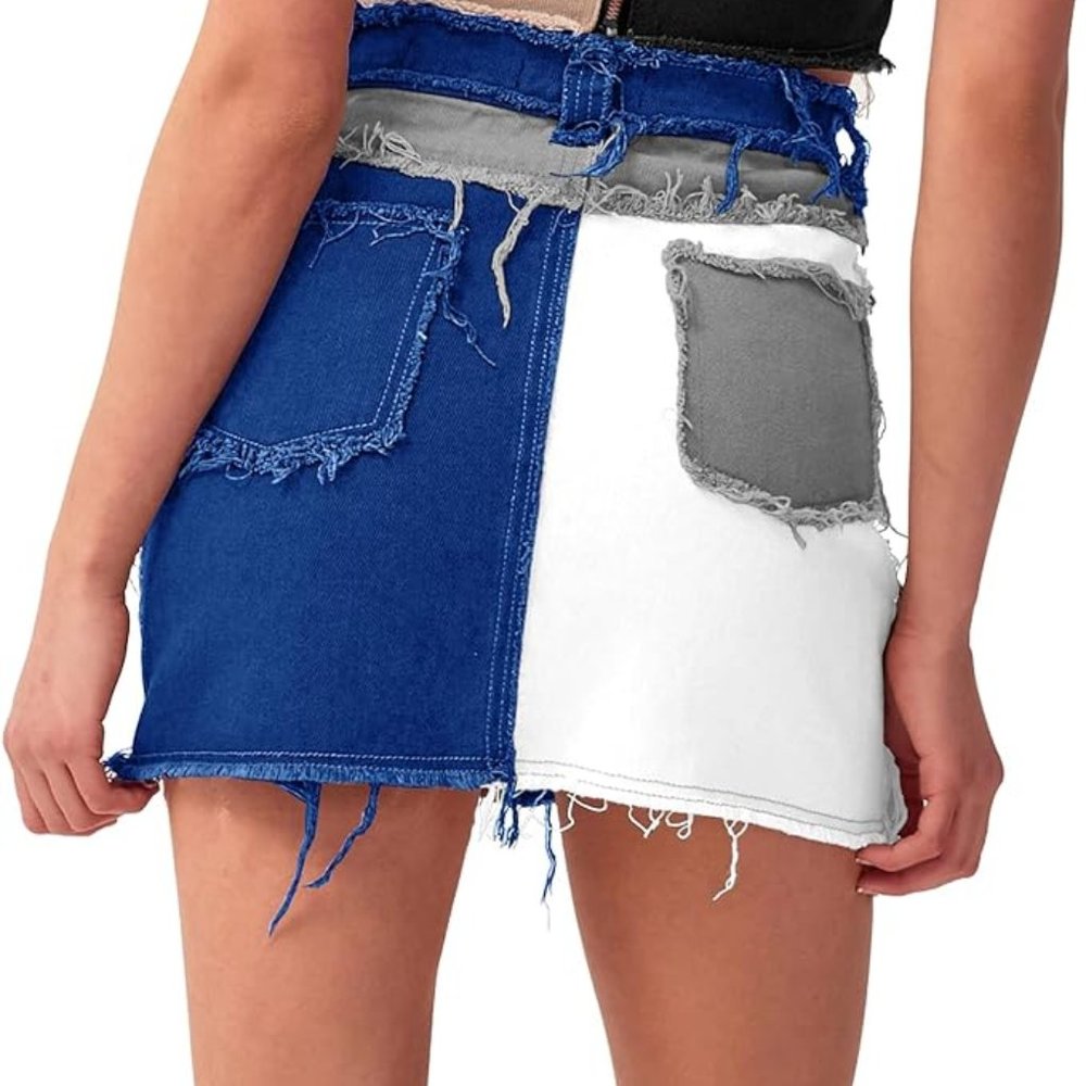 Patchwork Ripped Stretch Denim Skirts - image 2